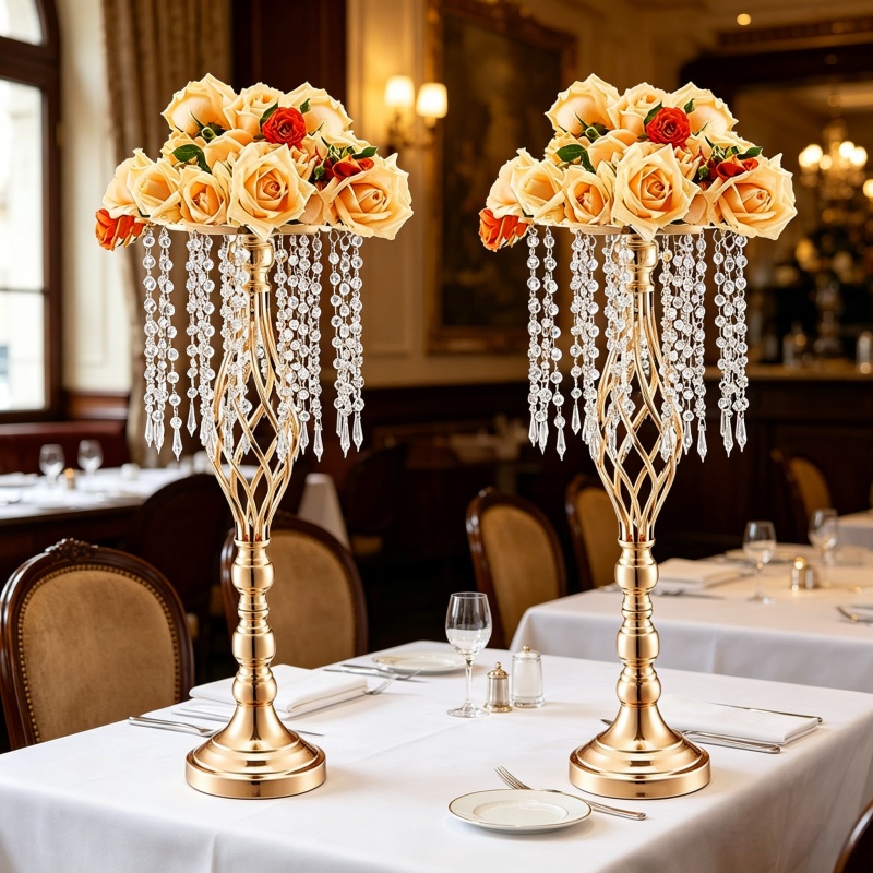 Florist Supply Vases - Elegant Tall Gold Crystal Flower Holder
